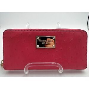Michael Kors Jet Set Pink Ostrich‎ Embossed Leather Zip Wallet